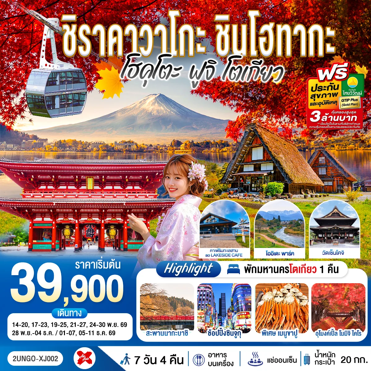 ทัวร์ญี่ปุ่น ชิราคาวาโกะ ชินโฮทากะ โฮคุโตะ ฟูจิ โตเกียว 7วัน 4คืน (XJ)